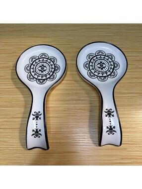 2 Prima Design Ceramic Vintage Round Black White Spoon Rest *